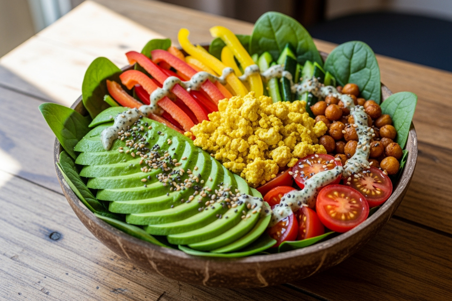 Beautifully plated vegan brunch bowl with colorful vegetables and plant-based protein - brunch nyc