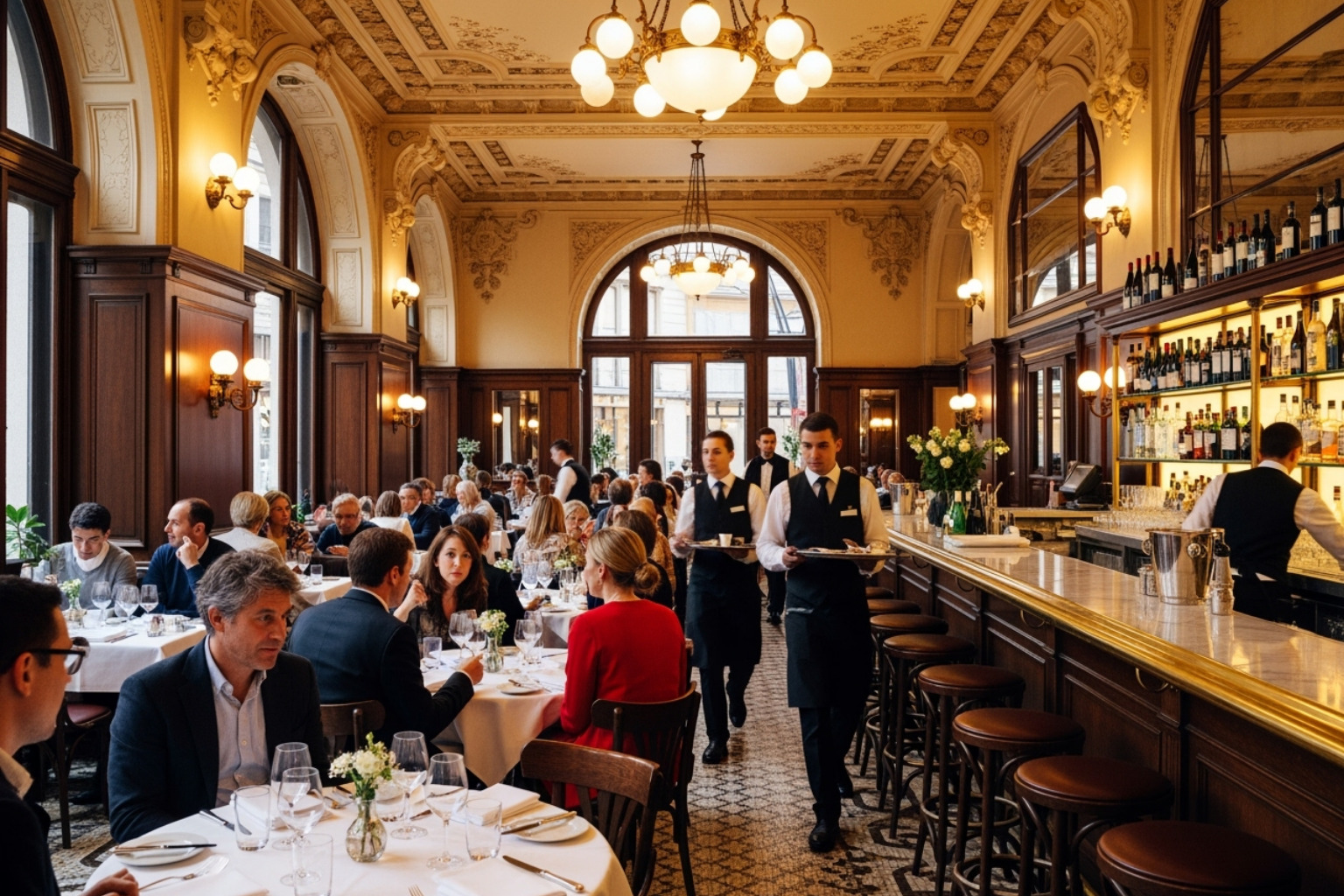 Neat interior of Balthazar with high ceilings and classic brasserie decor - brunch nyc