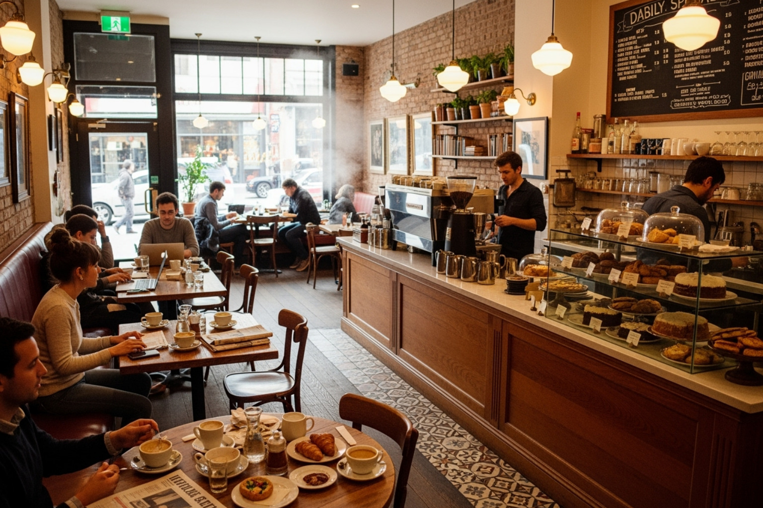 Cozy, busy interior of a neighborhood cafe with warm lighting and wooden tables - brunch nyc