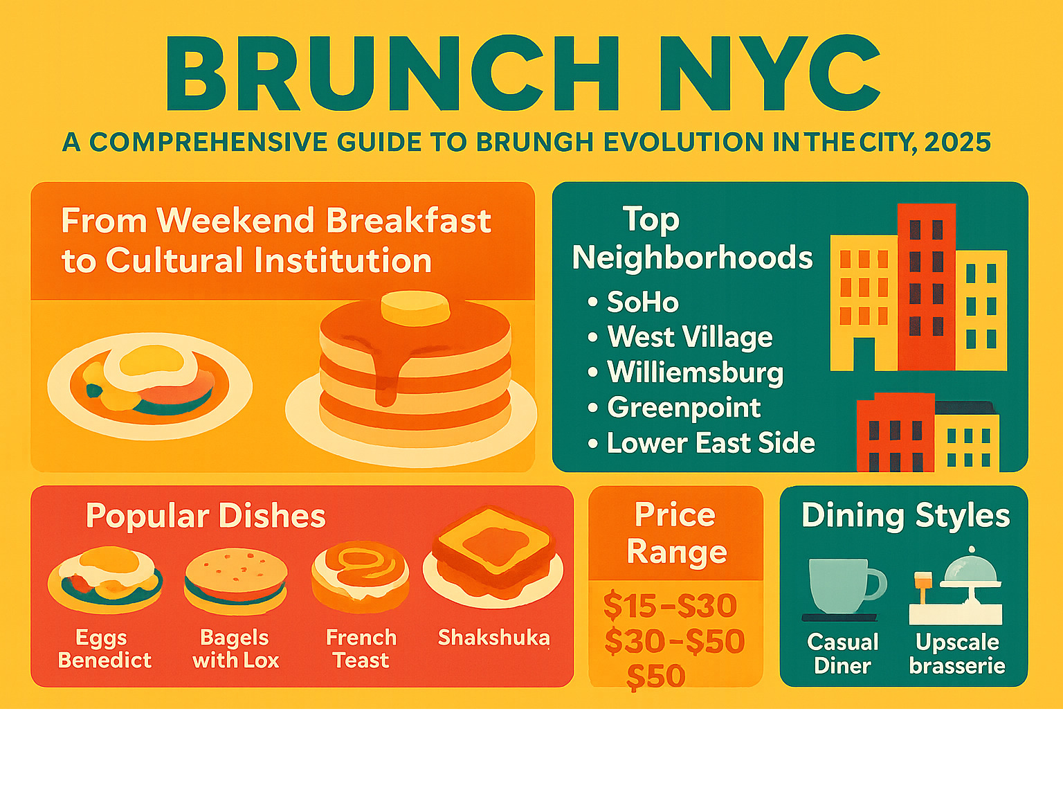 Comprehensive guide showing NYC brunch evolution from simple weekend breakfast to cultural institution, including neighborhood breakdown, popular dishes, price ranges, and dining styles from casual diners to upscale brasseries - brunch nyc infographic 
