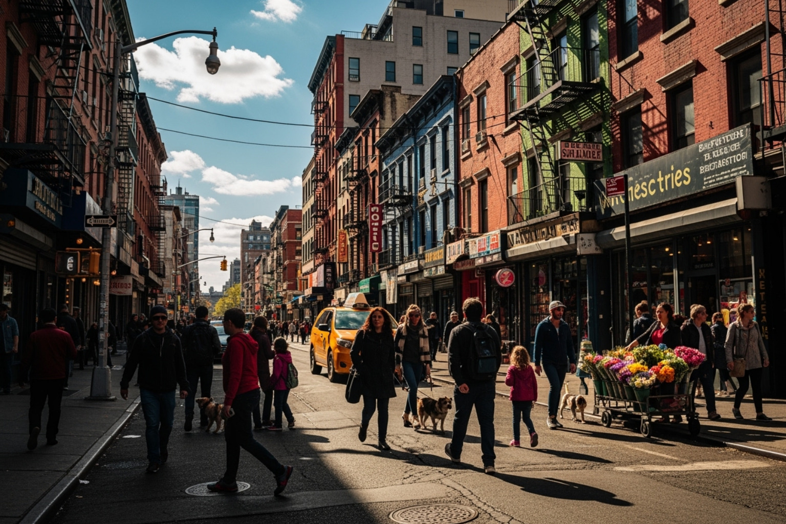 East Village street scene with colorful storefronts and a diverse crowd - east village restaurants East Village street scene with colorful storefronts and a diverse crowd - east village restaurants