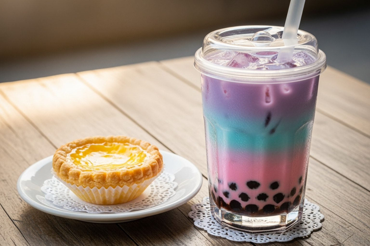 colorful bubble tea and a Hong Kong style egg tart - chinatown restaurants