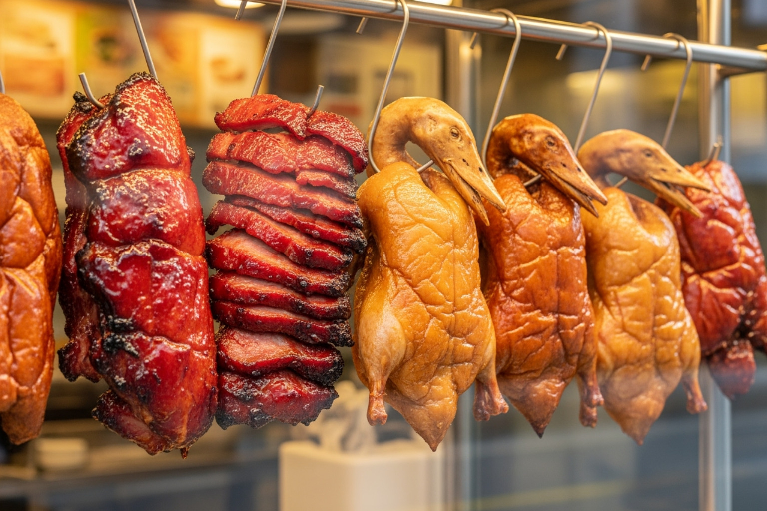 glistening Hong Kong style BBQ meats hanging in a window - chinatown restaurants