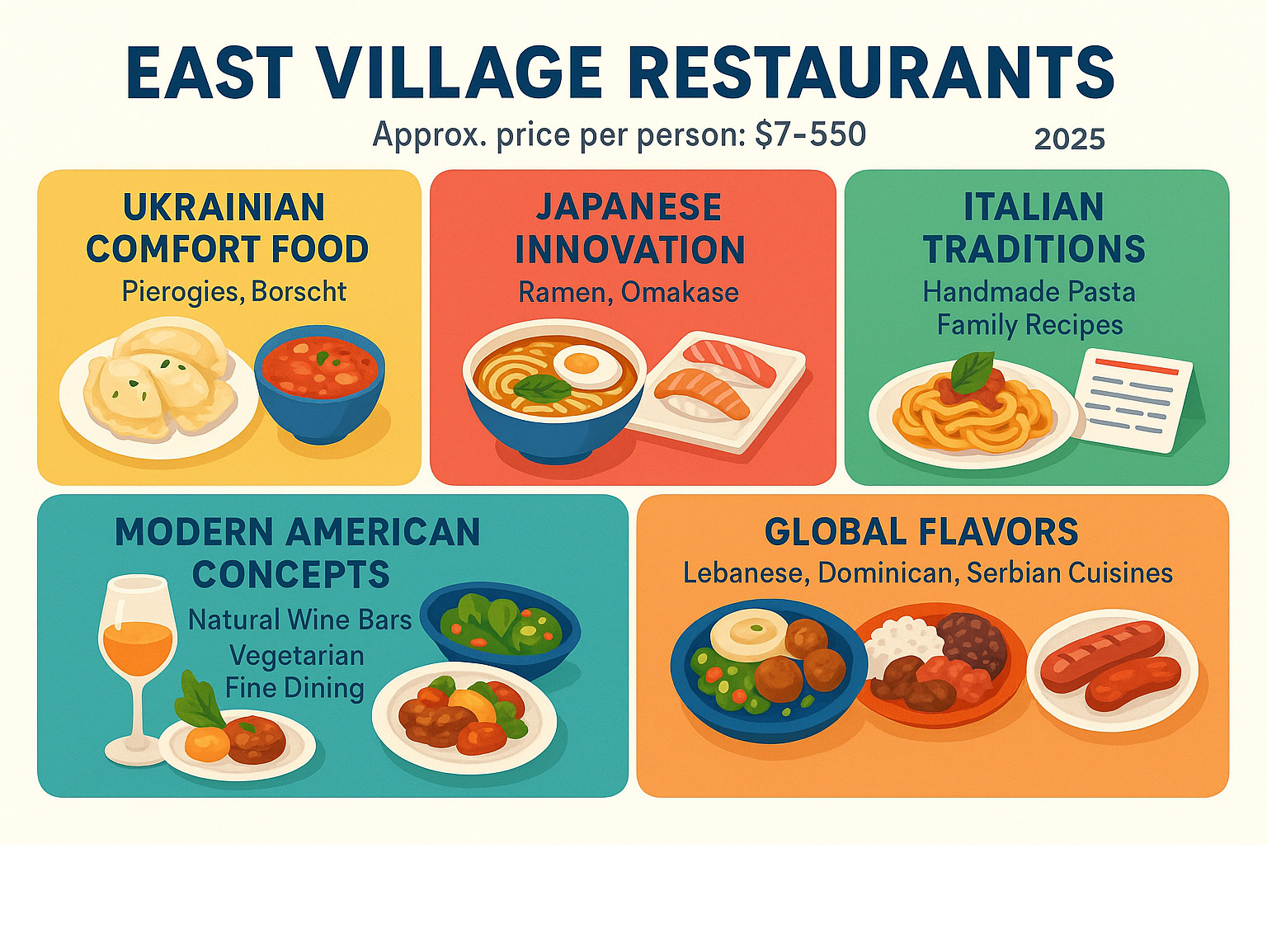 Infographic showing East Village restaurant diversity with sections for Ukrainian comfort food (pierogies, borscht), Japanese innovation (ramen, omakase), Italian traditions (handmade pasta, family recipes), modern American concepts (natural wine bars, vegetarian fine dining), and global flavors (Lebanese, Dominican, Serbian cuisines) with approximate price ranges from $7-50 per person - east village restaurants infographic Infographic showing East Village restaurant diversity with sections for Ukrainian comfort food (pierogies, borscht), Japanese innovation (ramen, omakase), Italian traditions (handmade pasta, family recipes), modern American concepts (natural wine bars, vegetarian fine dining), and global flavors (Lebanese, Dominican, Serbian cuisines) with approximate price ranges from $7-50 per person - east village restaurants infographic