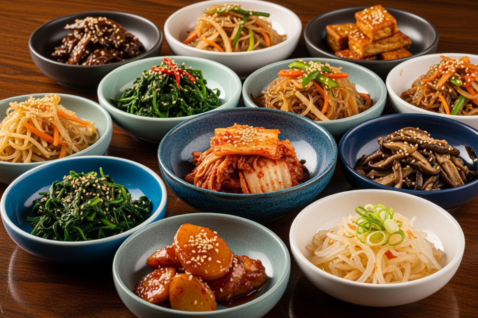 Kisa's vibrant spread of banchan dishes - best new restaurants nyc