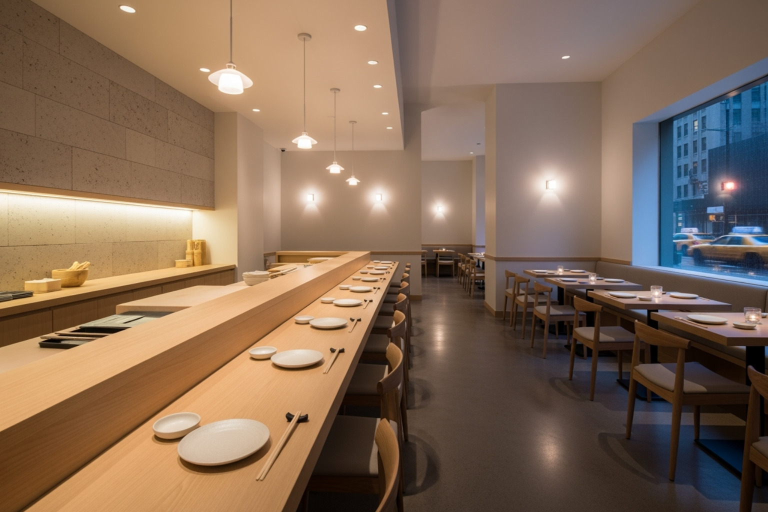 neat, minimalist interior of a top NYC sushi restaurant - best sushi nyc