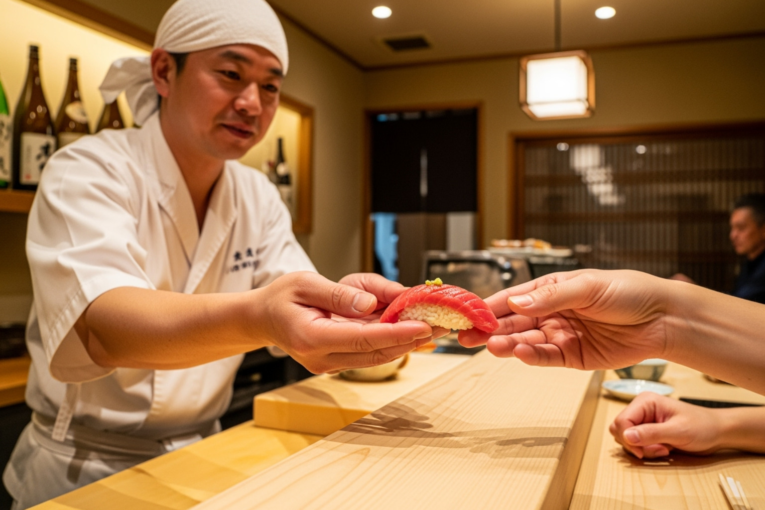 sushi chef presenting a piece of nigiri to a guest at a counter - best sushi nyc