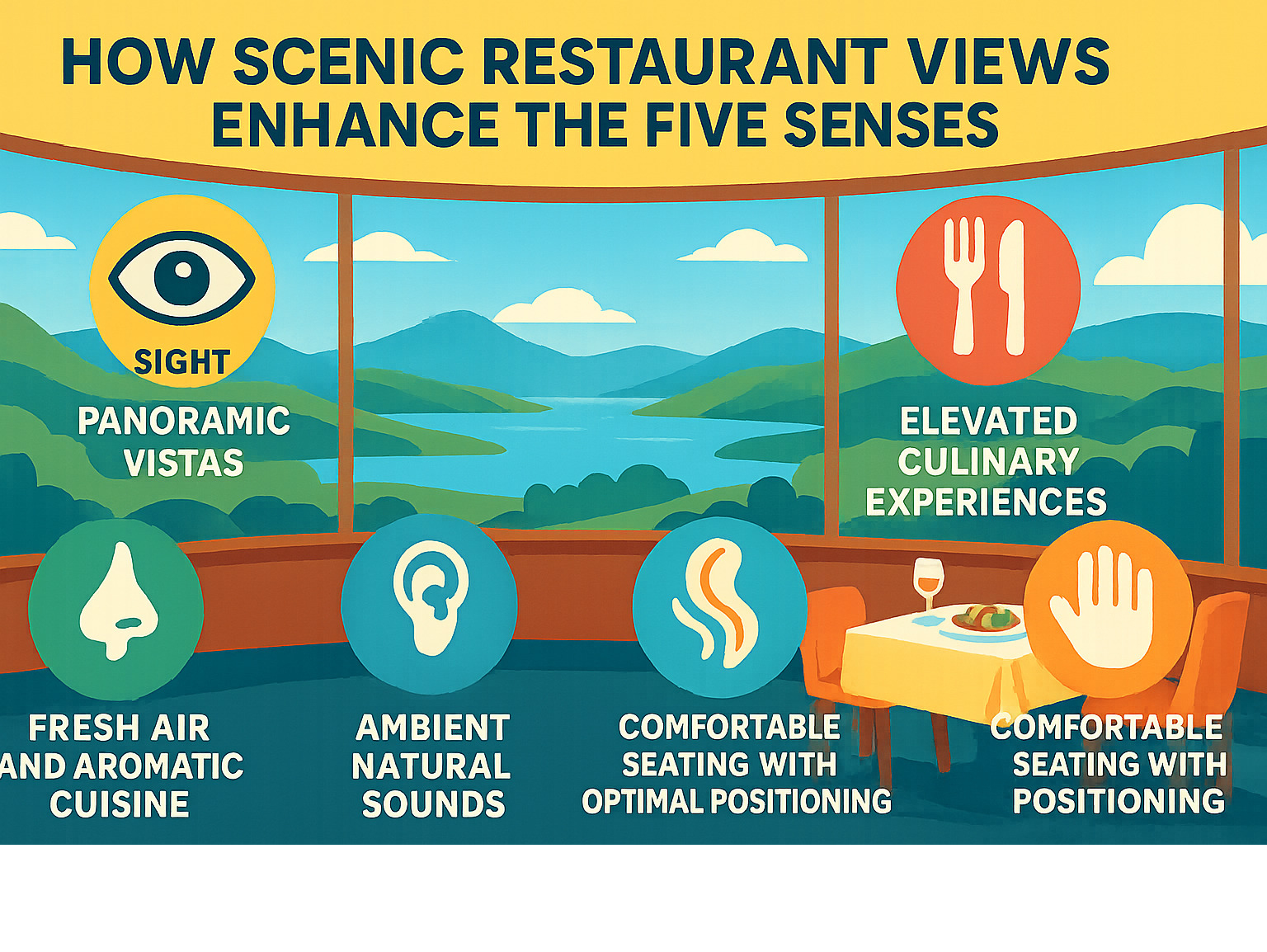 Infographic showing how scenic restaurant views improve the five senses: sight through panoramic vistas, taste through liftd culinary experiences, smell through fresh air and aromatic cuisine, hearing through ambient natural sounds, and touch through comfortable seating with optimal positioning - restaurants with a view infographic 