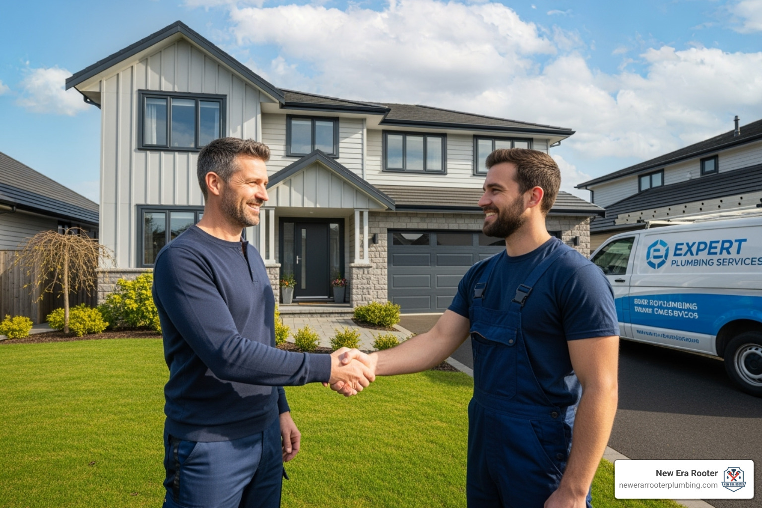Homeowner shaking hands with plumber - plumber temecula Homeowner shaking hands with plumber - plumber temecula