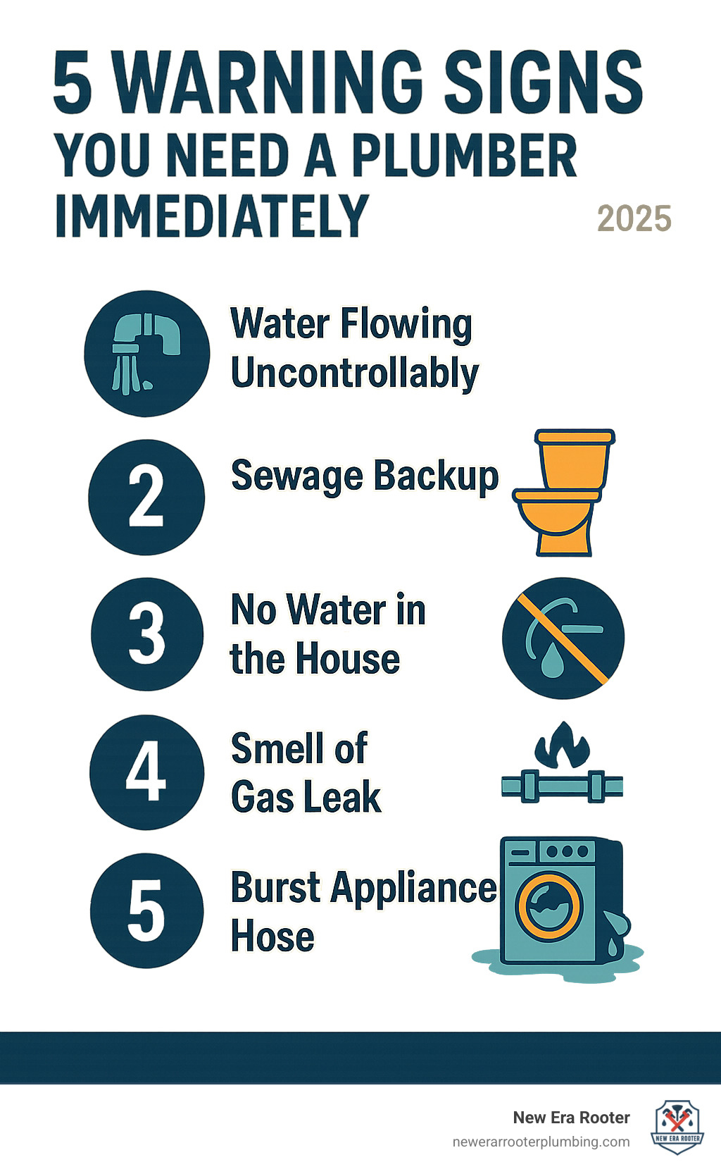 Infographic showing 5 critical warning signs that require immediate plumber attention: uncontrolled water flow from pipes, sewage backup in drains or toilets, complete loss of water supply to the house, suspected gas leak smell, and burst appliance hoses flooding rooms - plumber temecula infographic Infographic showing 5 critical warning signs that require immediate plumber attention: uncontrolled water flow from pipes, sewage backup in drains or toilets, complete loss of water supply to the house, suspected gas leak smell, and burst appliance hoses flooding rooms - plumber temecula infographic