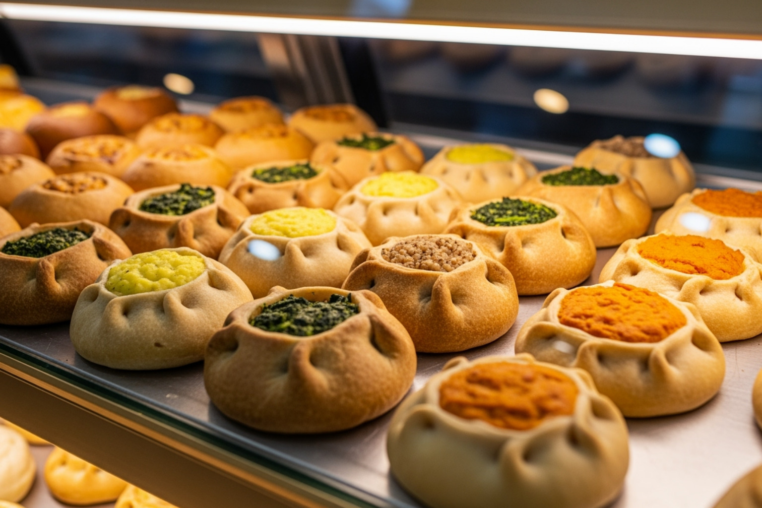 Various knishes in the display case at Yonah Schimmel's, showcasing different fillings and golden-brown crusts - lower east side restaurants