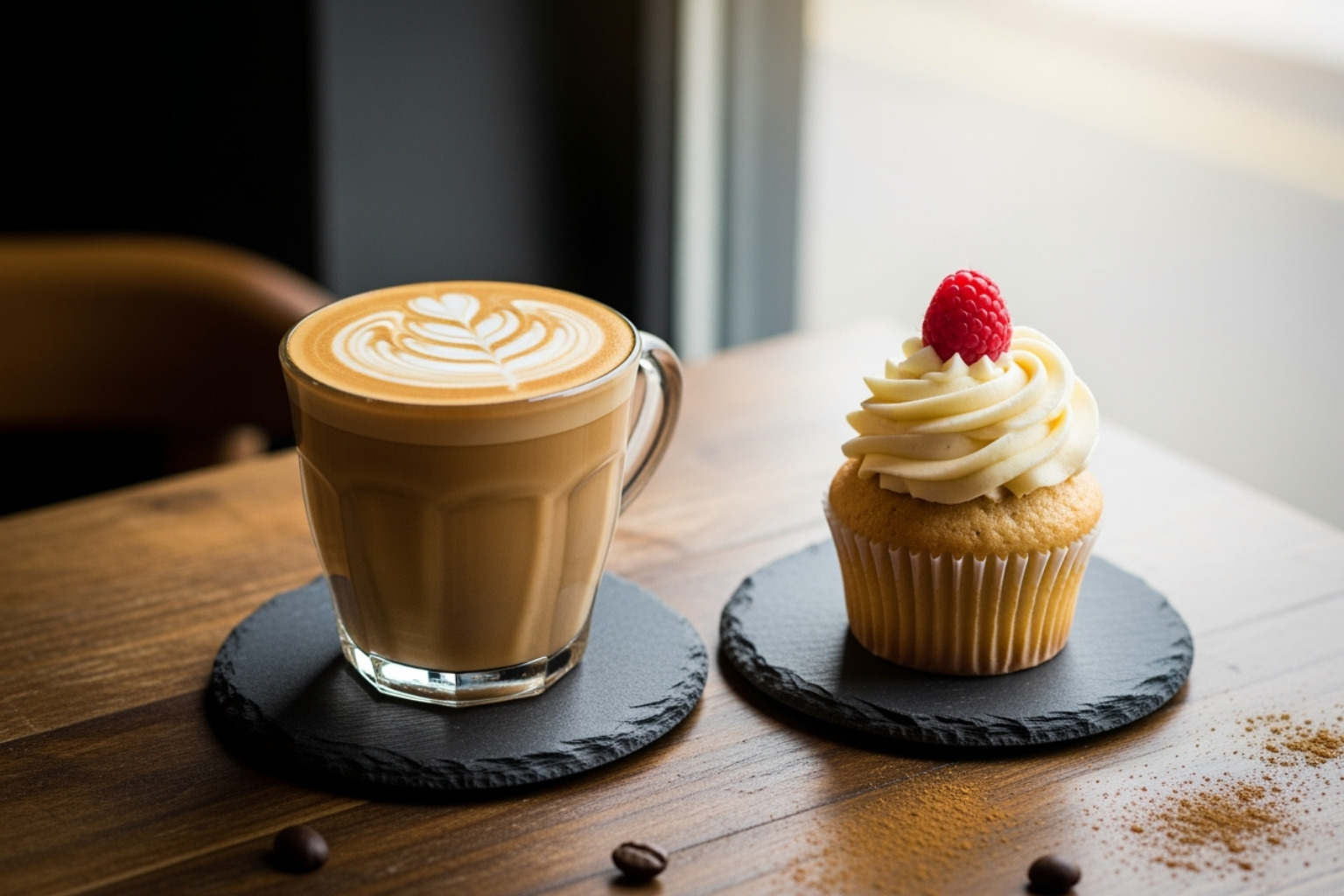 A beautifully prepared latte with foam art next to a perfectly baked vegan cupcake, showcasing delicious coffee and pastry options - lower east side restaurants