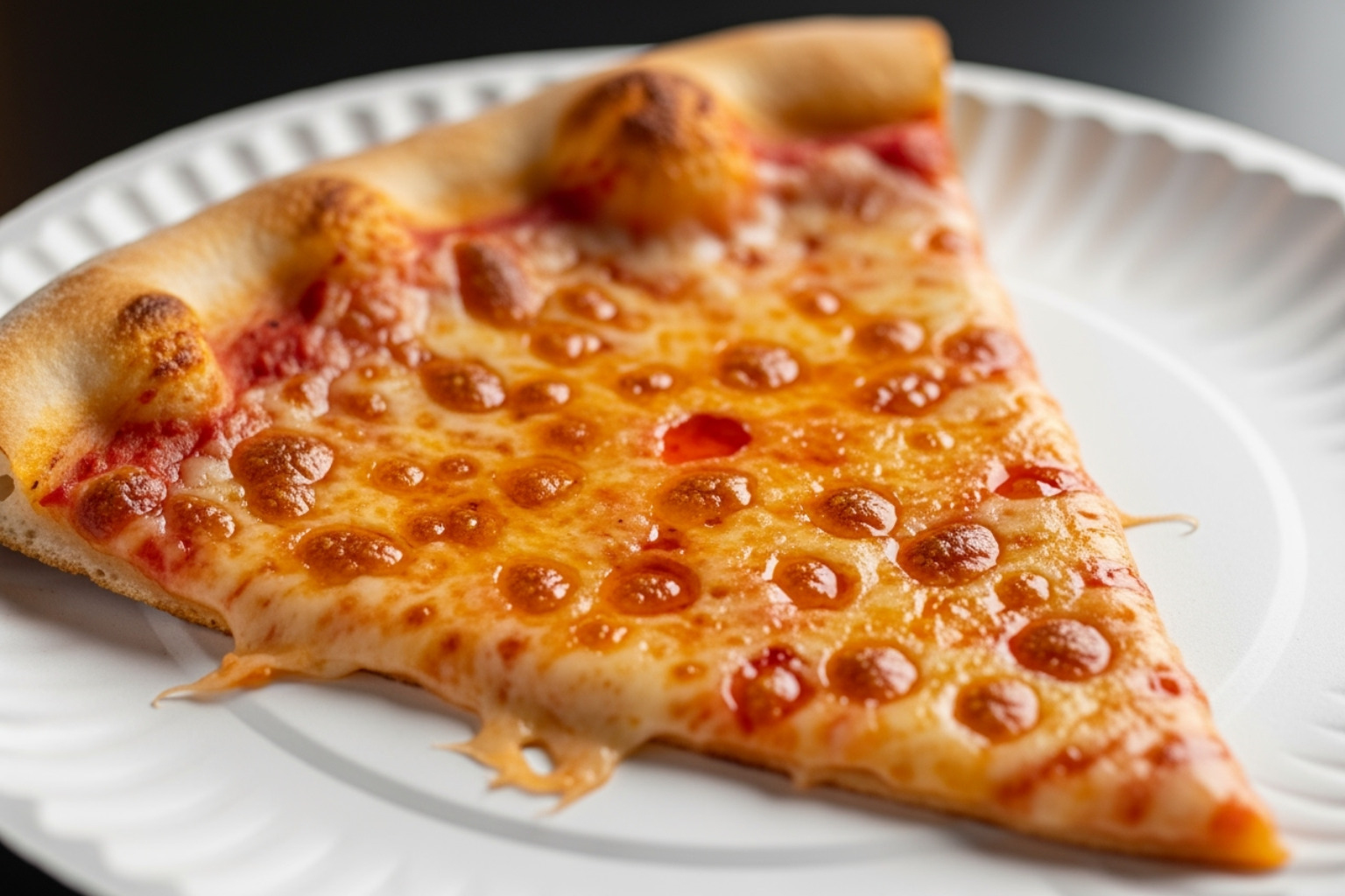 A classic cheese pizza slice on a paper plate from Scarr's Pizza, with a perfectly crispy crust and melted cheese - lower east side restaurants