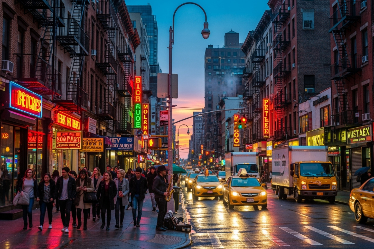 A busy street scene in the Lower East Side at dusk, with neon lights from restaurants and bars illuminating the sidewalks, capturing the vibrant energy of the neighborhood - lower east side restaurants