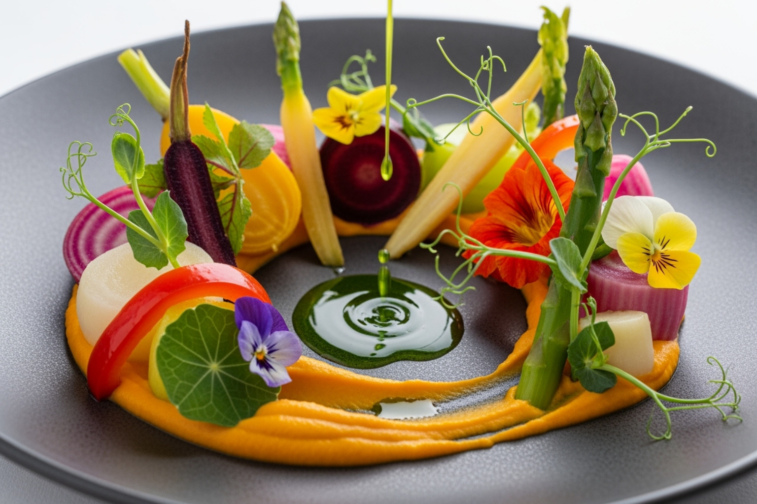 A beautifully plated, colorful vegetable dish from Dirt Candy, showcasing intricate presentation and vibrant ingredients - lower east side restaurants