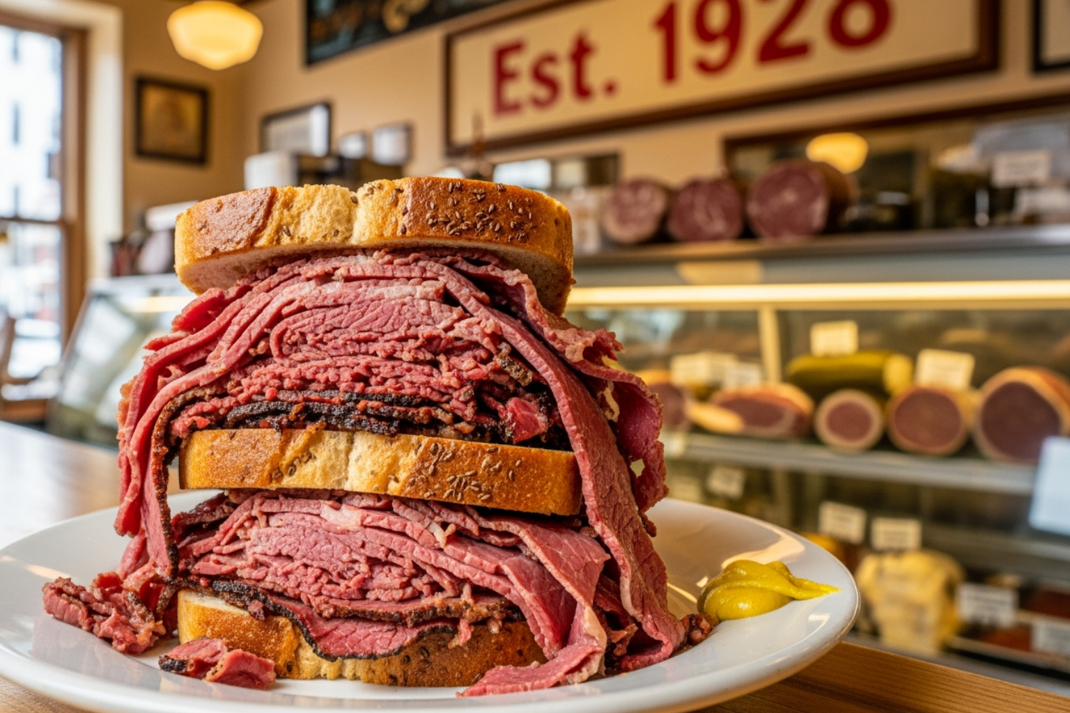A towering pastrami sandwich from Katz's Deli, overflowing with tender meat and served on rye bread - lower east side restaurants