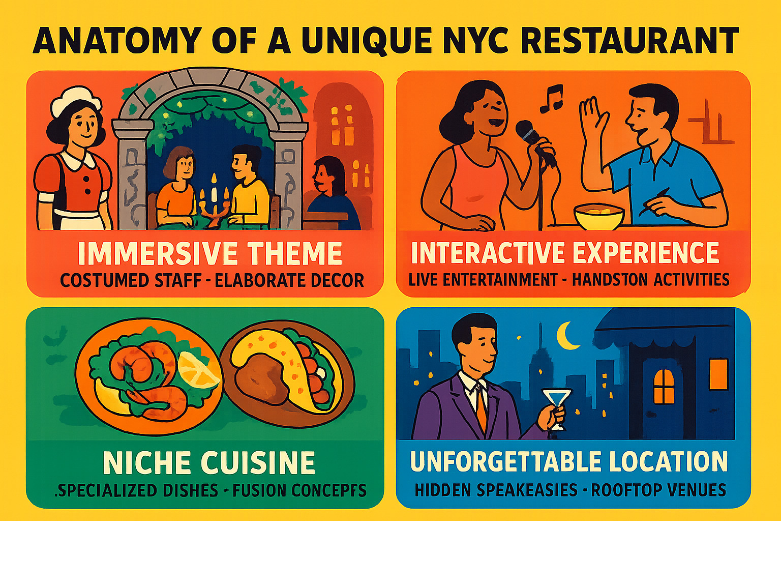 Infographic showing the anatomy of a unique NYC restaurant with four key elements: Immersive Theme section showing costumed staff and elaborate decor, Interactive Experience section displaying live entertainment and hands-on activities, Niche Cuisine section featuring specialized dishes and fusion concepts, and Unforgettable Location section highlighting hidden speakeasies and rooftop venues with city views - unique restaurants in ny infographic 