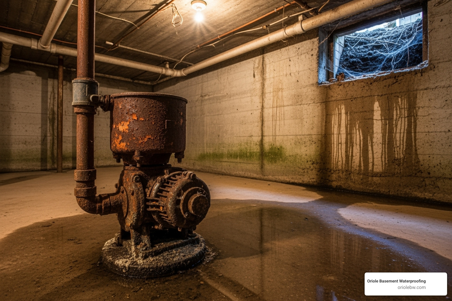 old, rusty sump pump in a dark, damp basement - sump pump contractors