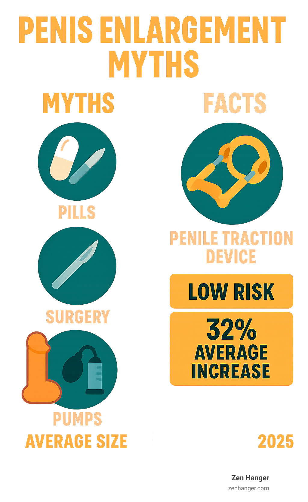 Infographic showing the difference between dangerous penis enlargement myths like pills, surgery, and pumps versus scientifically-backed penile traction devices, with statistics on average penis size, safety profiles, and effectiveness data from clinical studies - penis enlargement myths infographic 
