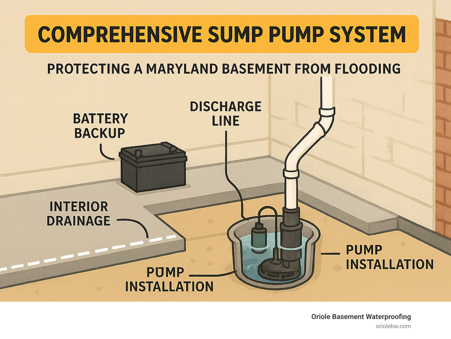 Comprehensive sump pump system showing pump installation, battery backup, discharge line, and interior drainage working together to protect a Maryland basement from flooding - sump pump contractors infographic 