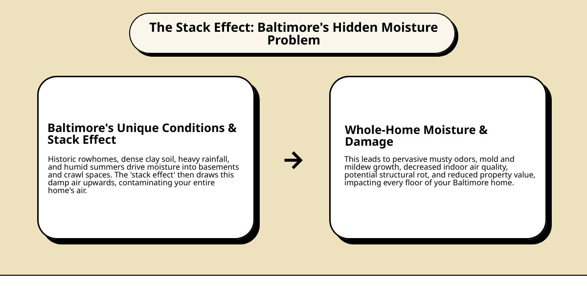 Infographic showing the stack effect in Baltimore homes with moisture rising from crawl spaces and basements through the home, including arrows showing air movement, humidity levels, and the impact on indoor air quality throughout different floors of a typical Baltimore rowhome - basement waterproofing crawl space sealing baltimore infographic cause_effect_text