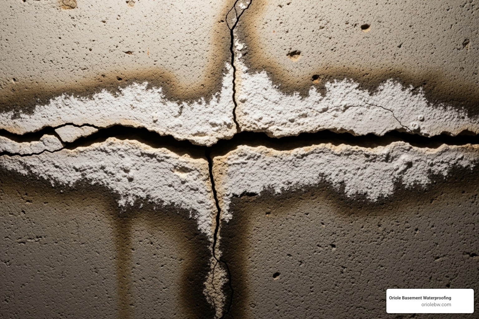 A close-up image of a basement concrete wall showing a long, horizontal crack with signs of moisture seepage and efflorescence - basement waterproofing crawl space sealing baltimore