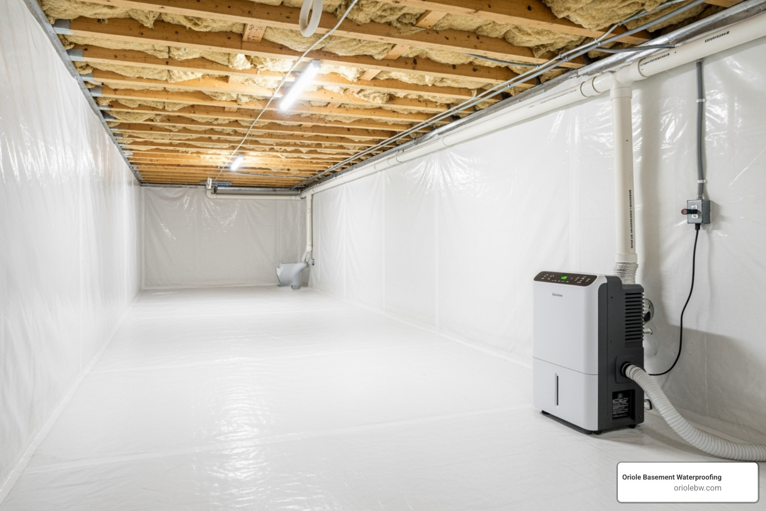A clean, bright, and fully encapsulated crawl space with a thick white vapor barrier covering the ground and walls, and a new dehumidifier visible in the corner - basement waterproofing crawl space sealing baltimore