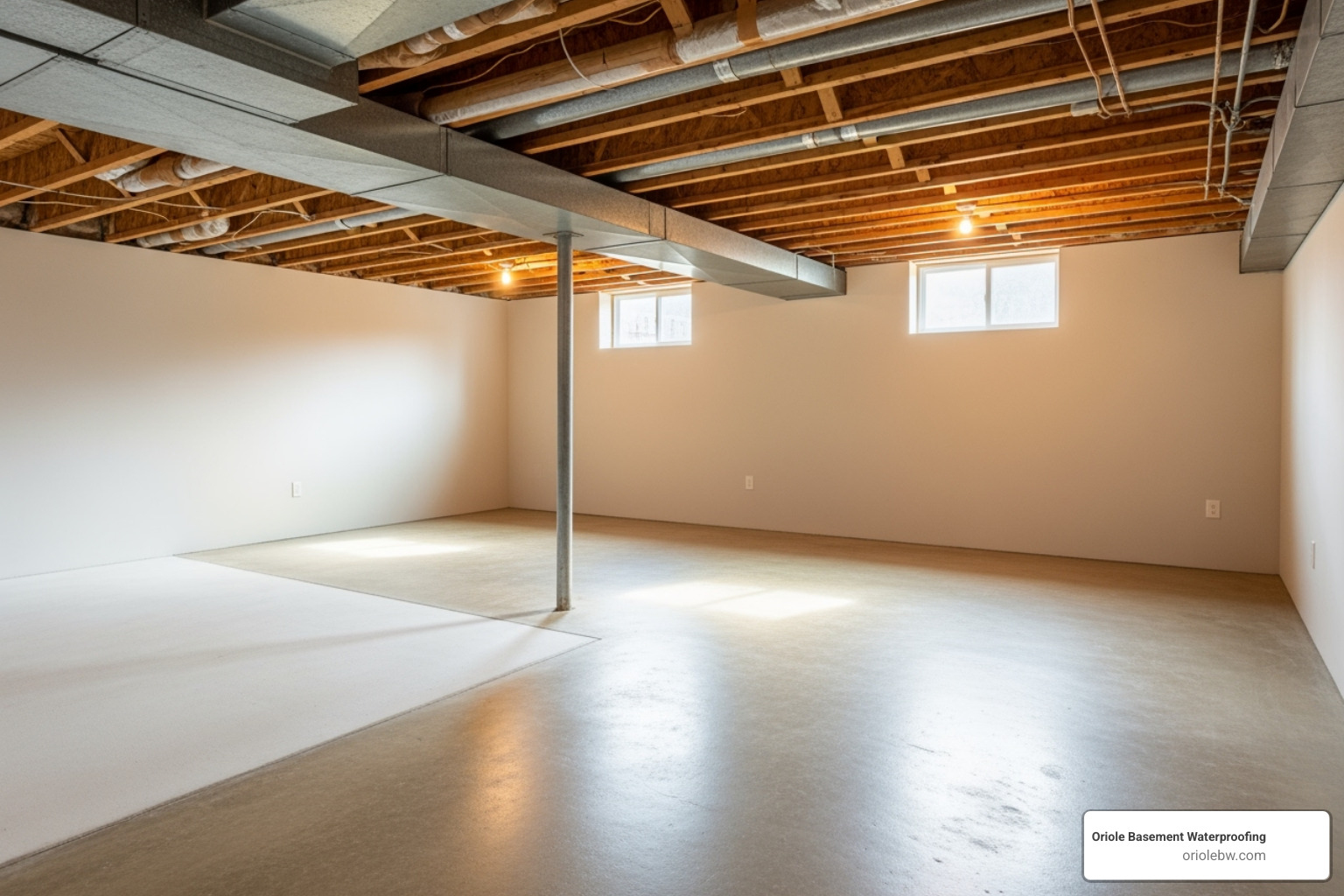 A bright, inviting basement space that has been recently waterproofed, with no signs of moisture, showing a clean concrete floor and well-maintained walls - basement waterproofing crawl space sealing baltimore