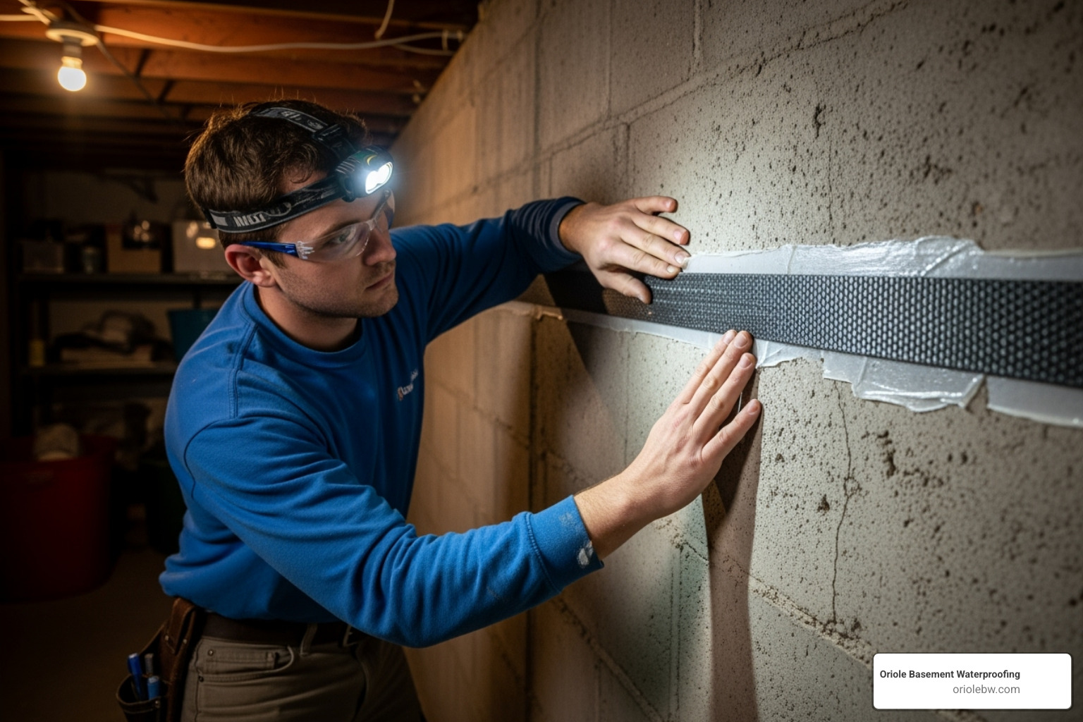 A technician wearing protective gear and a headlamp is shown carefully applying a carbon fiber strap to a concrete basement wall, reinforcing it against bowing - basement waterproofing crawl space sealing baltimore