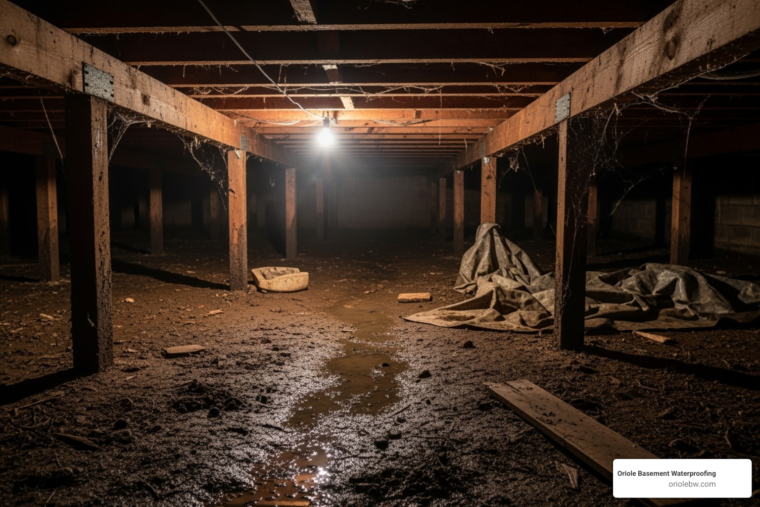A dark, damp crawl space with visible moisture on the ground and structural elements, before waterproofing - adding a sump pump to basement A dark, damp crawl space with visible moisture on the ground and structural elements, before waterproofing - adding a sump pump to basement