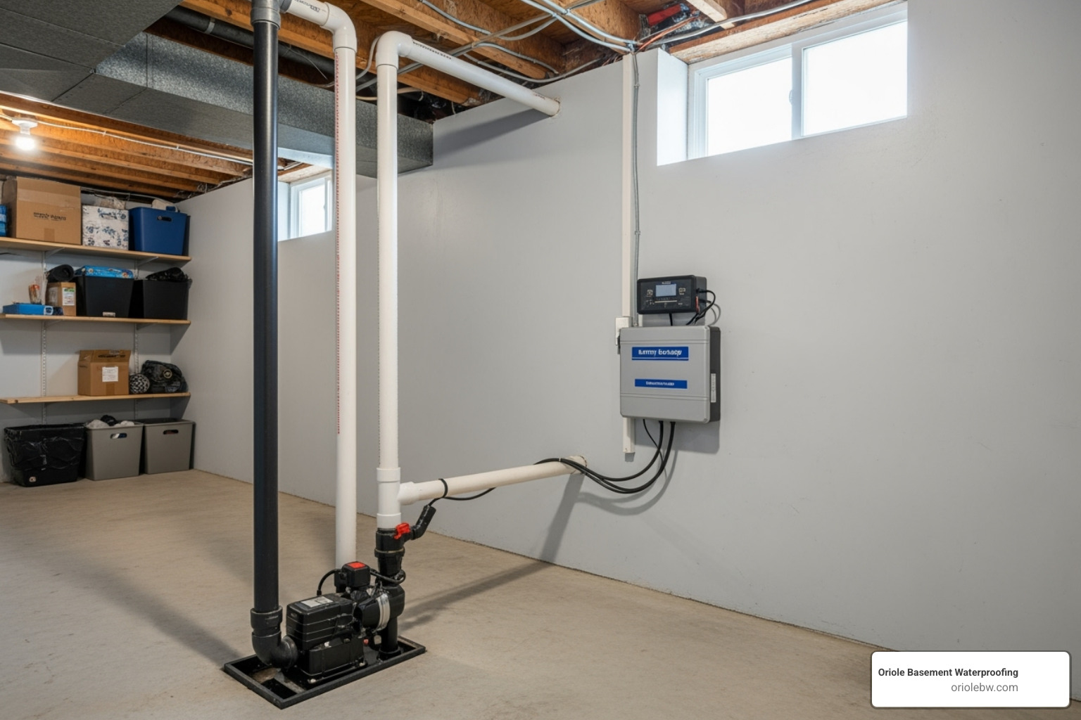 A newly installed sump pump system with a battery backup in a Baltimore basement - basement waterproofing baltimore city
