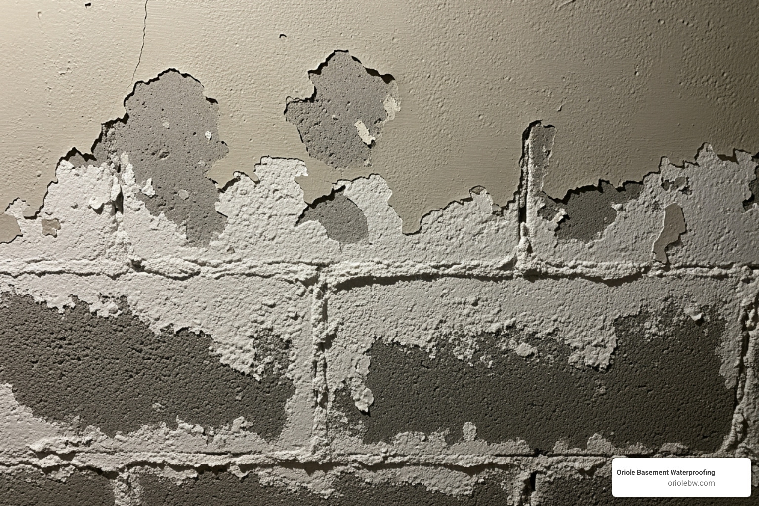 A damp basement wall showing white, chalky efflorescence and peeling paint - basement waterproofing baltimore city
