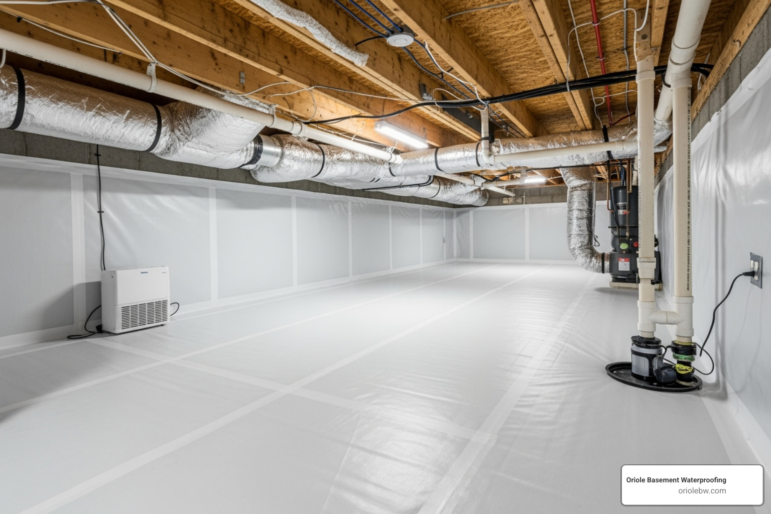 A newly encapsulated crawlspace with a bright white vapor barrier - basement waterproofing baltimore city