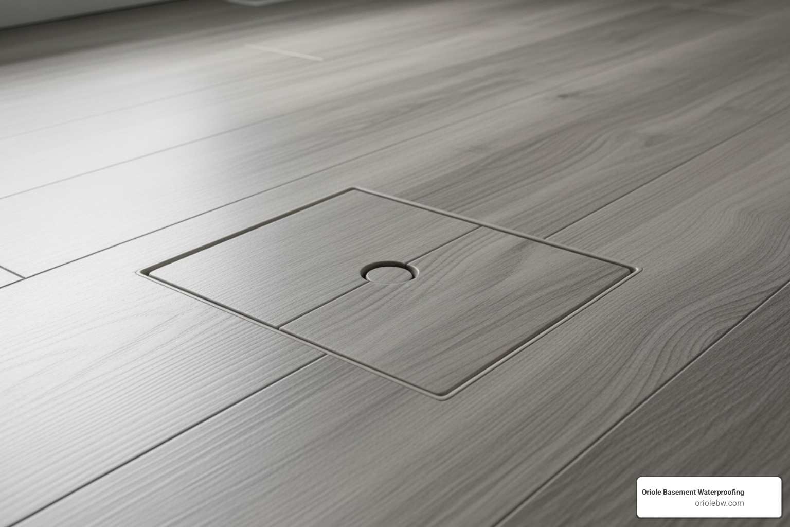 A small, discreet sump pump cover integrated seamlessly into a finished basement floor - adding a sump pump to basement A small, discreet sump pump cover integrated seamlessly into a finished basement floor - adding a sump pump to basement