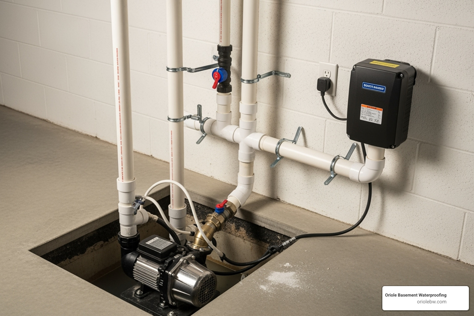 A complete sump pump system featuring a primary pump, battery backup unit, and neatly installed PVC discharge pipes - adding a sump pump to basement A complete sump pump system featuring a primary pump, battery backup unit, and neatly installed PVC discharge pipes - adding a sump pump to basement