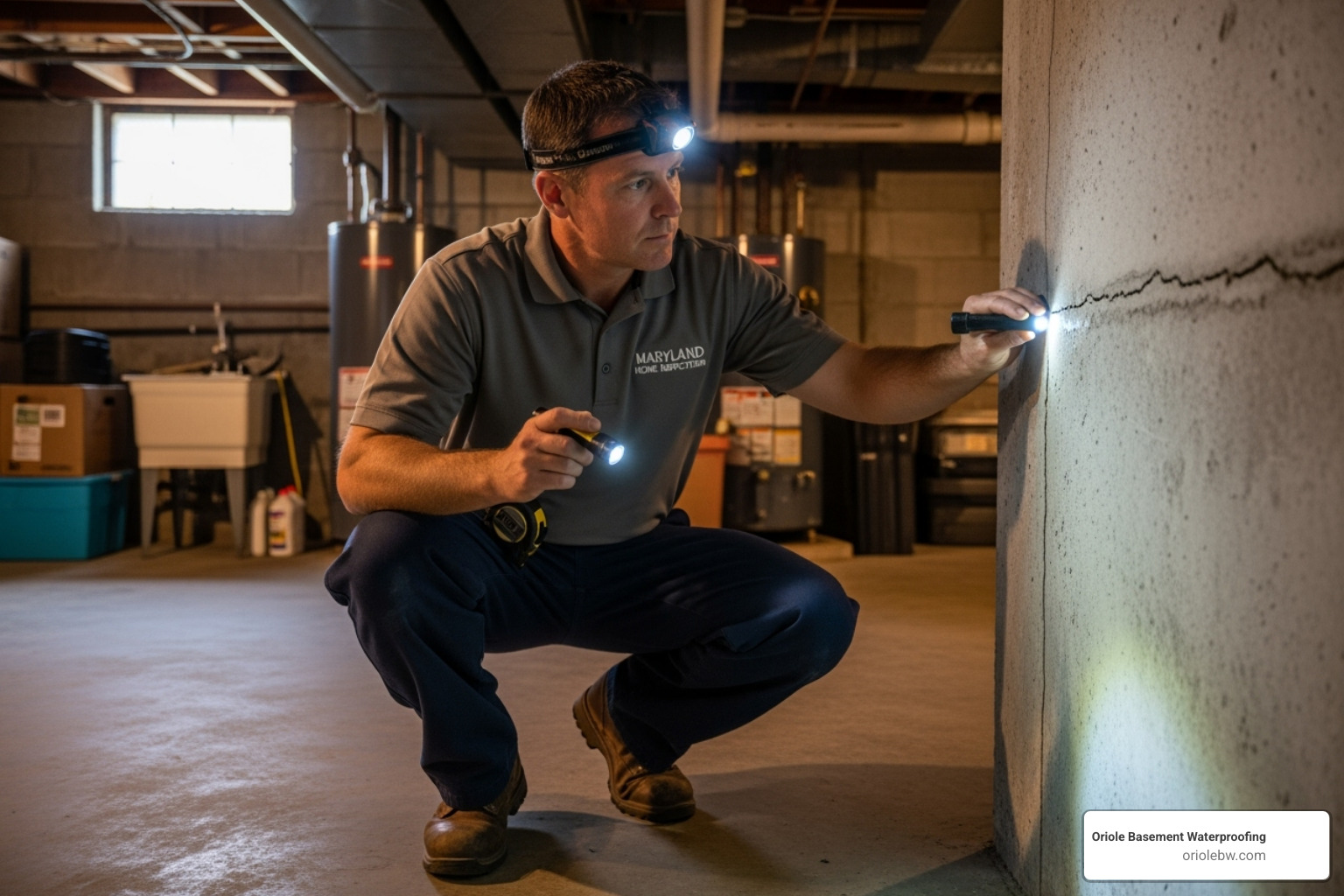 A professional technician inspecting a basement foundation - basement waterproofing baltimore city