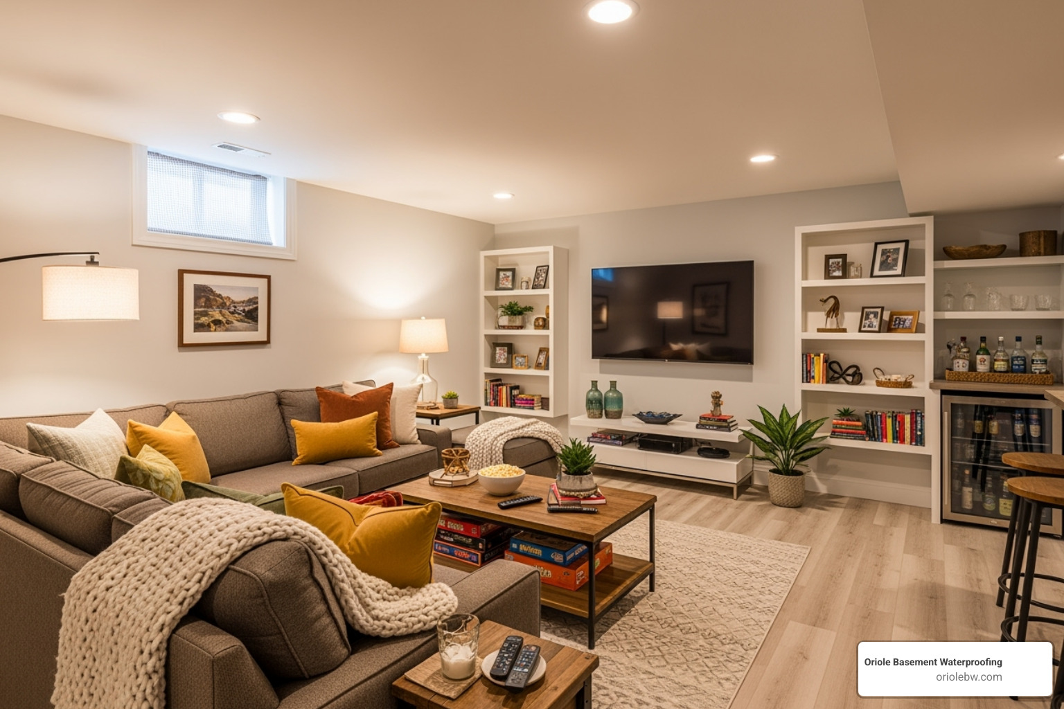 dry, finished basement being used as a family room - baltimore city underground streams and basement waterproofing