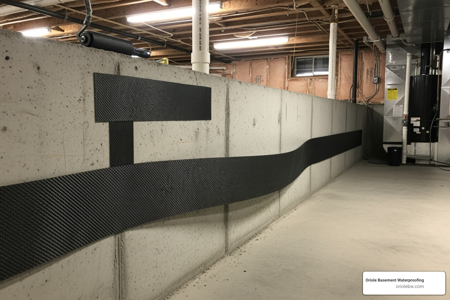 technician installing a carbon fiber strap on a bowing basement wall - baltimore city underground streams and basement waterproofing