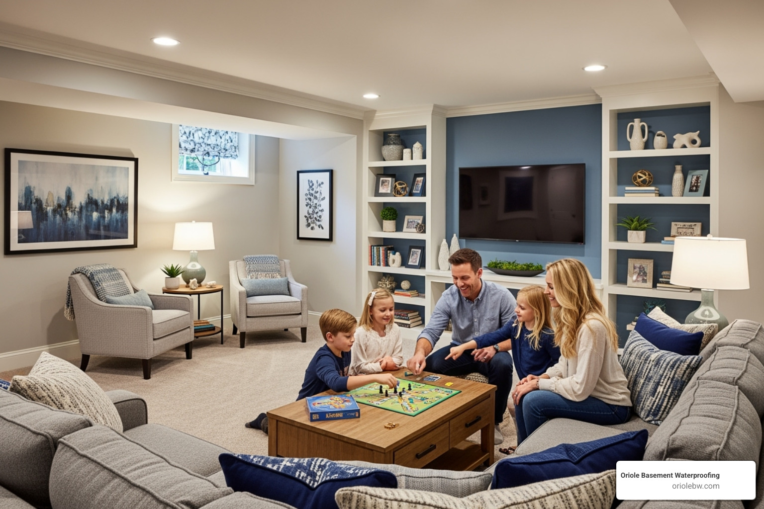 family enjoying finished dry basement - basement encapsulation
