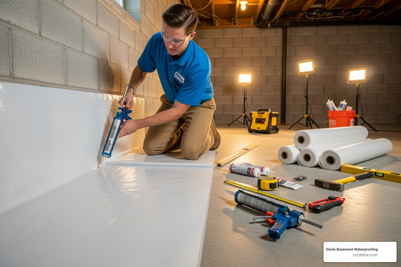 uniformed technician installing vapor barrier - basement encapsulation