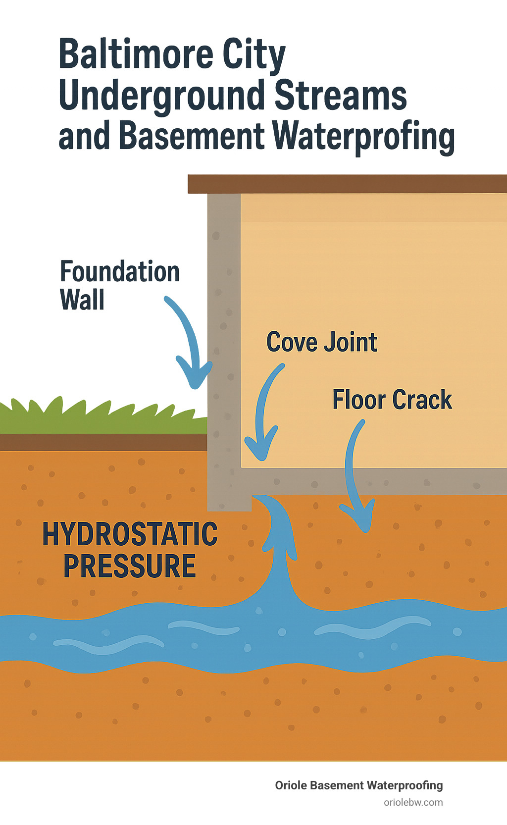 Infographic showing how Baltimore's underground streams create hydrostatic pressure that forces water through foundation walls, cove joints, and floor cracks, with arrows indicating water movement from soil through various entry points into basement - baltimore city underground streams and basement waterproofing infographic 