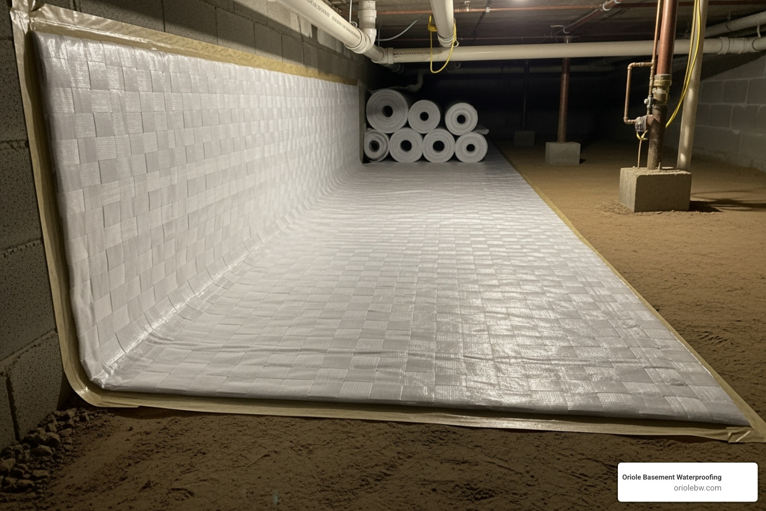 A thick, reinforced vapor barrier being expertly unrolled and installed by a professional in a crawlspace, showing the material's quality and the care taken during installation - plastic moisture barrier