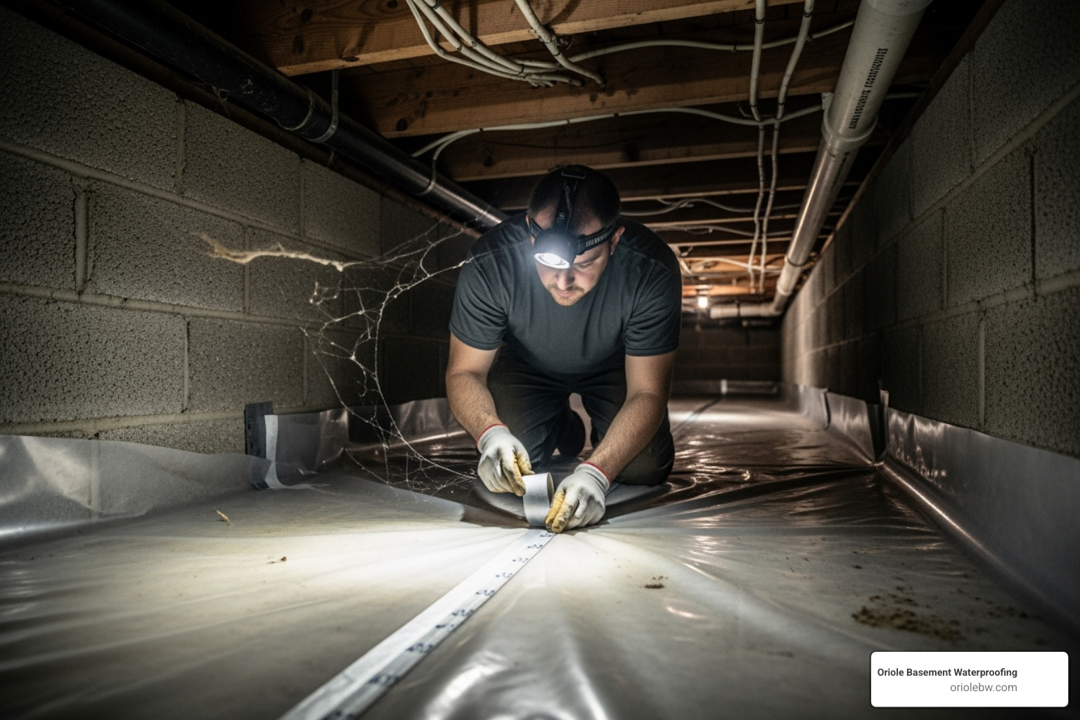 A skilled technician carefully sealing the seams of a plastic moisture barrier with specialized tape in a crawlspace, highlighting the precision required for a complete seal - plastic moisture barrier