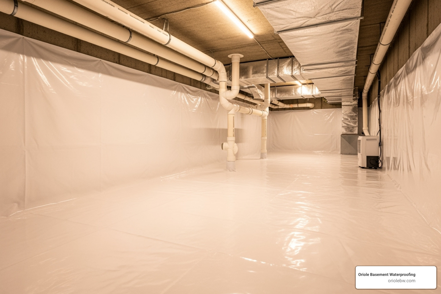 A clean, bright, encapsulated crawlspace with a pristine white plastic moisture barrier covering the ground and extending up the walls, showcasing a professional installation - plastic moisture barrier