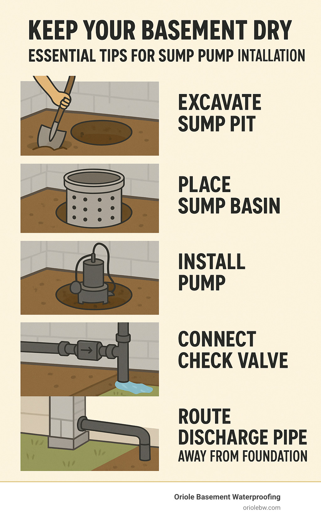 Detailed infographic showing the complete sump pump system installation process including sump pit excavation, basin placement, pump installation, check valve connection, and discharge pipe routing away from foundation - adding a sump pump to basement infographic Detailed infographic showing the complete sump pump system installation process including sump pit excavation, basin placement, pump installation, check valve connection, and discharge pipe routing away from foundation - adding a sump pump to basement infographic