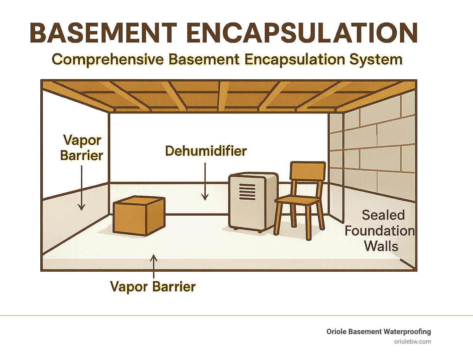 Comprehensive basement encapsulation system showing vapor barrier installation, dehumidifier placement, and sealed foundation walls changing a damp basement into a clean, dry space suitable for storage or living - basement encapsulation infographic 