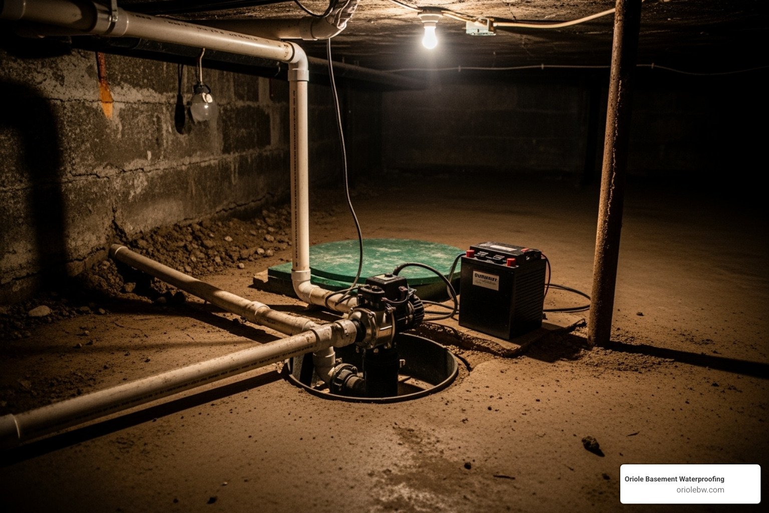 A complete sump pump system with a sealed lid and a battery backup unit beside it - cost to install sump pump in crawl space