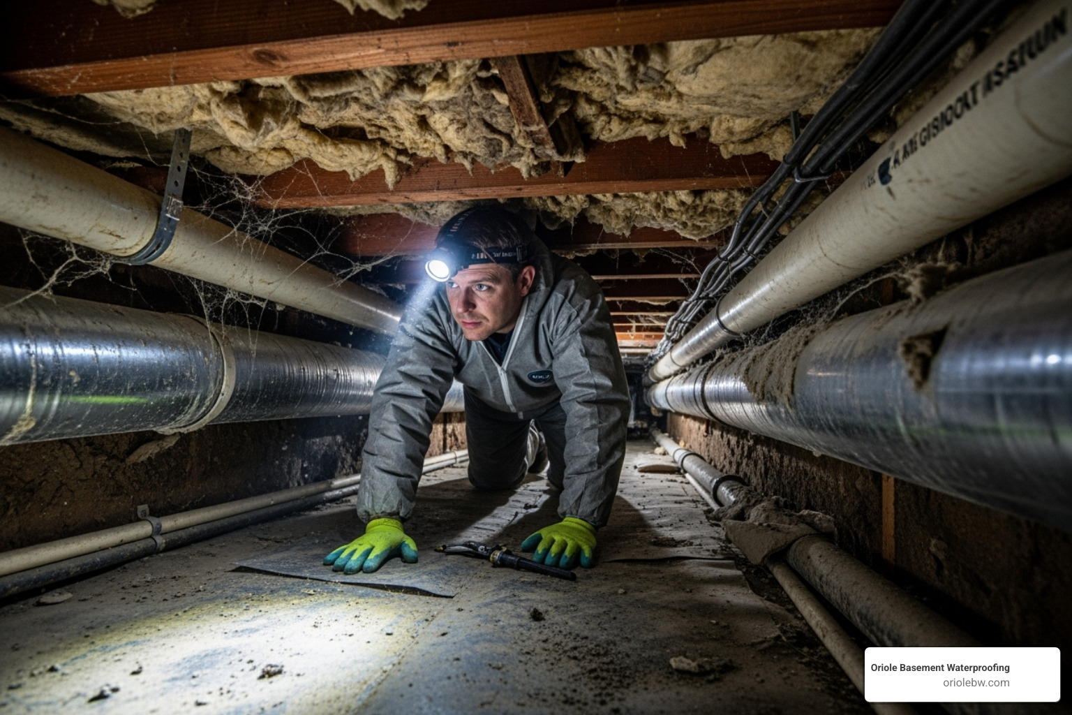 A technician carefully navigating a tight, low-ceiling crawl space during an inspection - cost to install sump pump in crawl space