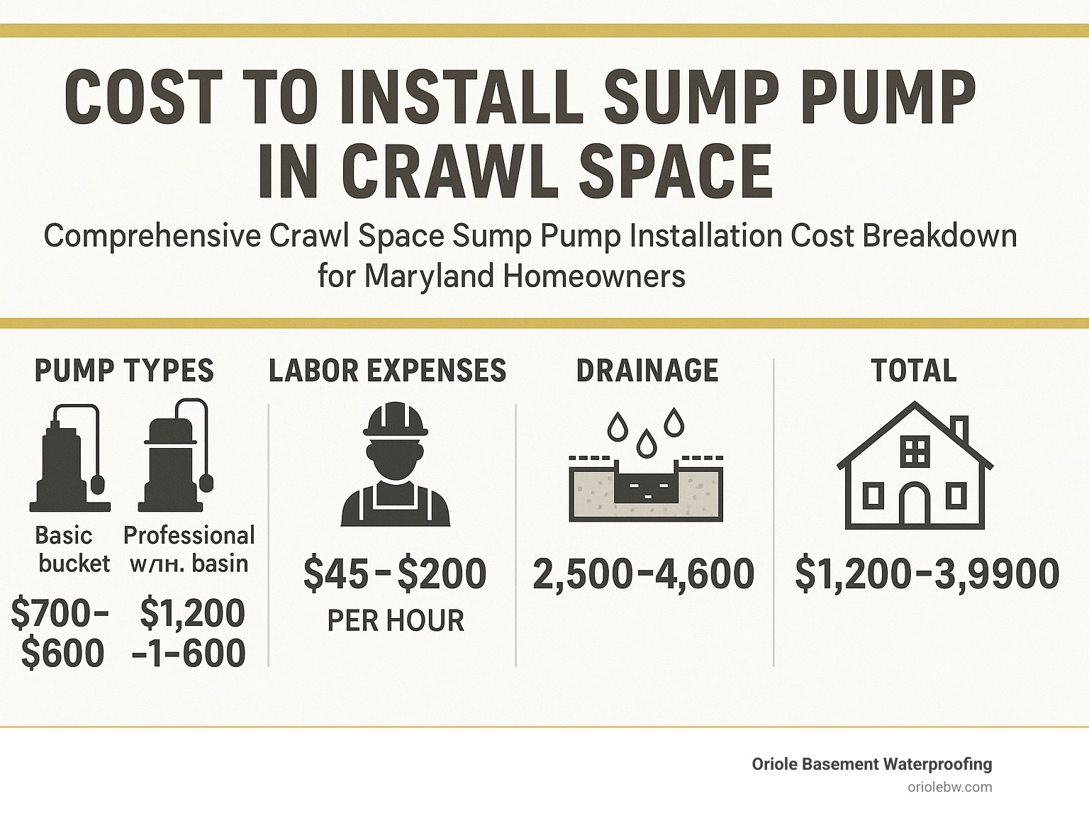 Comprehensive crawl space sump pump installation cost breakdown showing pump types, labor expenses, drainage requirements, and total system costs for Maryland homeowners - cost to install sump pump in crawl space infographic 