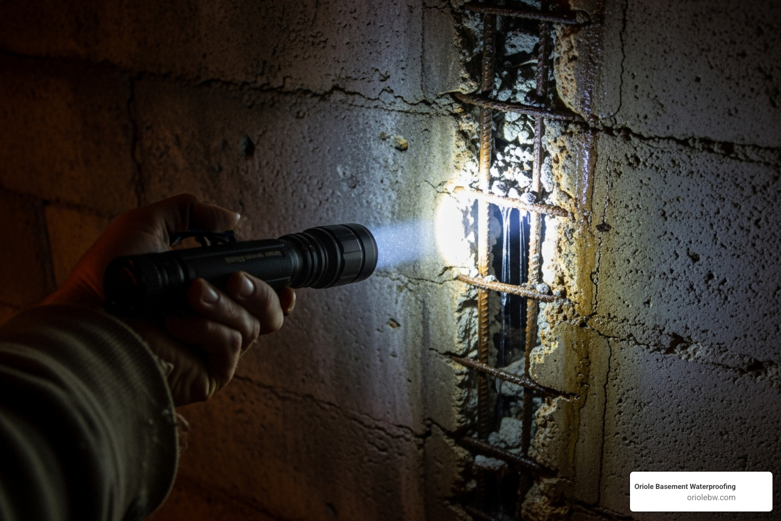 homeowner pointing flashlight at crack in basement wall - basement wall leak fix homeowner pointing flashlight at crack in basement wall - basement wall leak fix